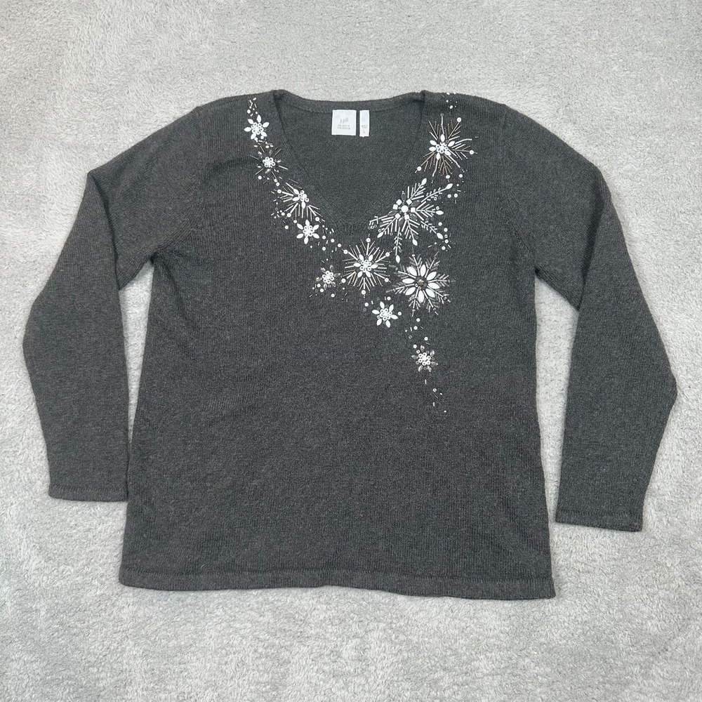 J. JILL Grey Yak Hair Beaded Sequin Holiday Snowflake V Neck Pullover Sweater‎ L